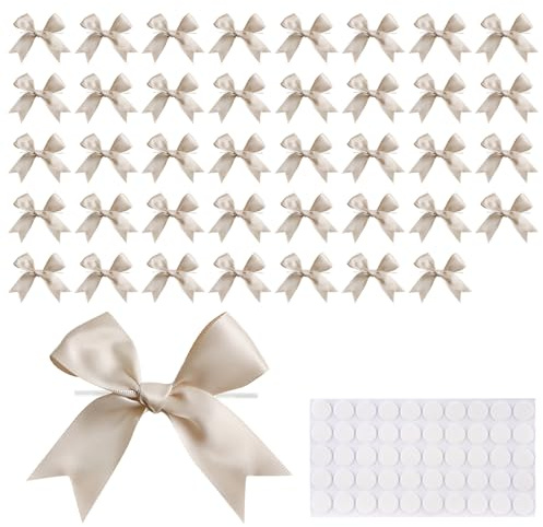 UYXiNONE 50 Stück vorgefertigte Schleifen 9 x 8 cm mit Klebepunkten, Selbstklebende Satinbandschleifen für Geschenkverpackungen, Hochzeitsdekoration, Christbaumschmuck (Champagner)