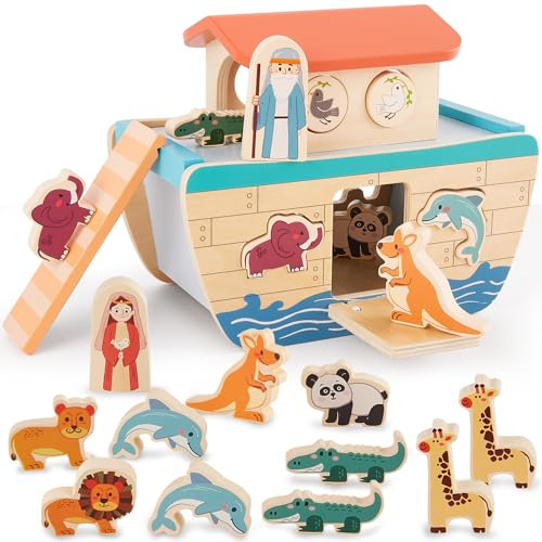 HERSITY Arche Noah aus Holz, Holzspielzeug ab 1 Jahr Kinder Taufgeschenke | Tierfiguren Set Holz, Lernspielzeug Montessori Geschenke für Mädchen Jungen 12 Monate, Holz Spielset