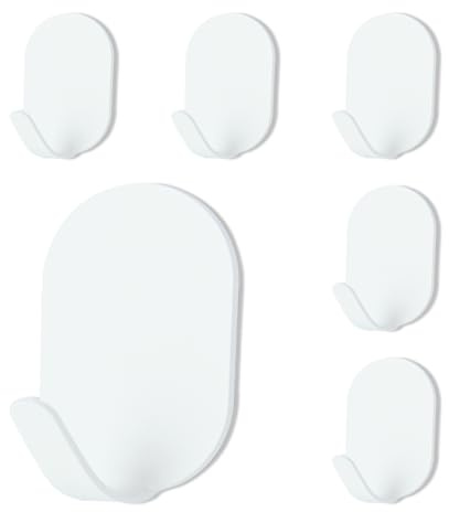 White Self Adhesive Hooks, 6 Pack Stick on Hooks Heavy Duty for Bathroom | Waterproof & Rust-Resistant, 5KG Load Capacity, Stainless Steel, Strong Sticky Hook for Hanging Towels & Clothes