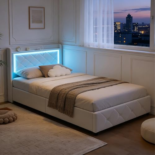 BRILVERDE Letto 90x200 con Contenitore, Letto Singolo con Luce LED/USB, con Testiera, con Rete a Doghe, in Velluto (Beige, 90 x 200 cm)