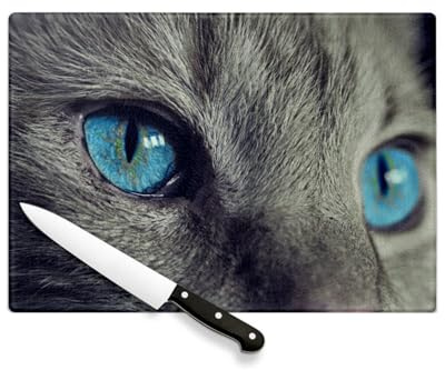 Planche à Découper en Verre Trempé - Chat Gris Korat Magnifiques Yeux Bleu Turquoise Gros Plan - Protection Plan de Travail et Dessous de Plat Résistant Chaleur 2 Tailles Imprimé en France