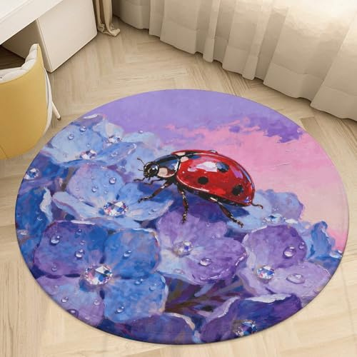 Coral Velvet Round Area Rugs for Bedroom 2' Thin 0.2 Non Slip Low Pile Circle Ladybug on Hydrangea Bath Rug Absorbent Front Door Mat Plush Floor Carpet for Entryway Dorm Home Decor