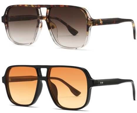 EDLMKM 2 Pcs Retro Square Pilot Sunglasses for Women Men, Large Frame Sunglasses for Women, Double Bridge Sun Glasses Vintage Shades, Oversize Square Sun Glasses with UV400 Protection Unisex