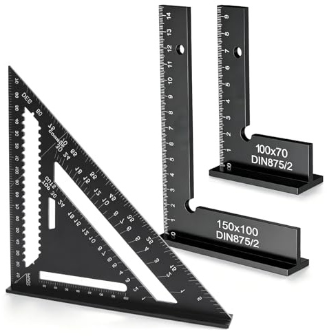 Schlosserwinkel mit Anschlag Set, 2PCS 90°Anschlagwinkel Zimmermannswinkel mit Messskala(cm) Größe 150 x 100mm und 100 x 70mm und 180mm Zimmermannswinkel Multifunktional Winkelmesser für Präzise