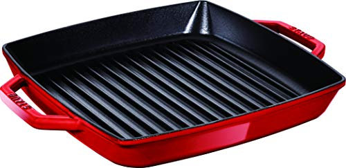 STAUB Gusseisen Grillpfanne mit zwei Griffen, Quadratisch, 23 cm, Für alle Herdarten inkl. Induktion & Backofen, Kirschrot