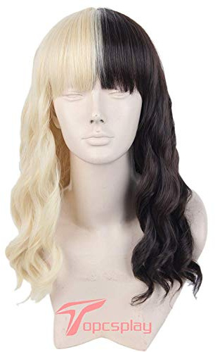 Topcosplay Damen Perücke Halb Schwarz und Halb Blond Lange Natürliche Gewellte Synthetische Perücken für Kostümparty Halloween Karneval