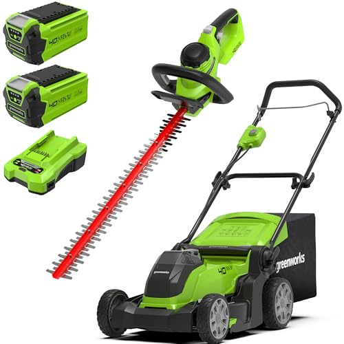Greenworks Tondeuse à Gazon sans Fil , Largeur de Coupe 41 cm, INCLUS 2 Batteries 40V 2Ah et Un Chargeur-G40LM41K2X + Greenworks Taille-Haie , Lame Double Action de 61 cm-G40HT61