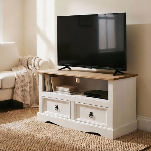 IDIMEX Meuble TV Campo Banc télévision en pin Massif Blanc et Brun avec 2 tiroirs et 1 Niche, Meuble de Rangement Style Mexicain en Bois dim 99 x 54 x 44 cm