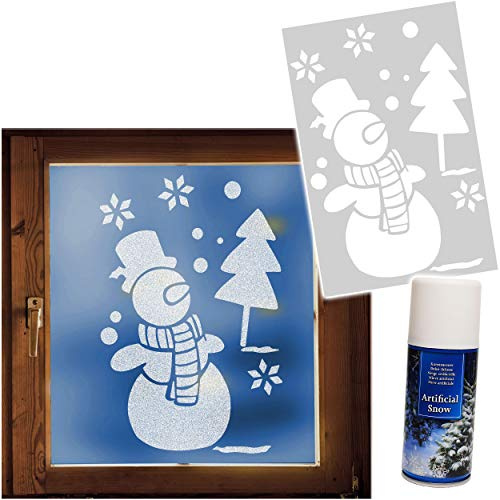 alles-meine.de GmbH Set: Schneespray Dose + große XL Schablonen Vorlage - Schneemann mit Baum + Schneeflocken/Weihnachten - 50 cm - Kunstschnee Schneebild - für Fensterbilder F..