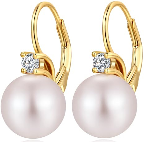 jiamiaoi 18Kt Weißgold plattiert Perlenohrringe Silber 925 Hängend, Perlen Ohrringe Damen Perlen Ohrhänger, Creolen mit Perle 8mm-10mm