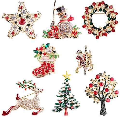8 Piezas de Broche de Navidad, Alfiler para el Pecho, Muñeco de Nieve, árbol de Navidad, Calcetín de Navidad, alce, broche de Santa, alfileres, joyería de Navidad, regalo para mujeres