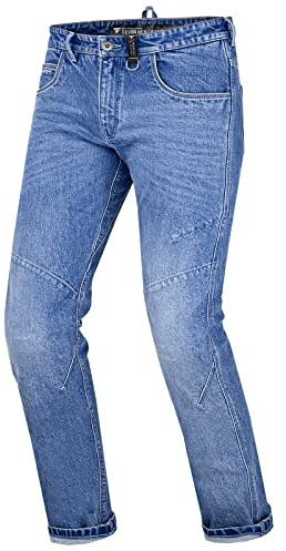 SHIMA DEVON Motorcykeljeans – ventilerade elastiska slim-fit ridbyxor herr med FiberQL-förstärkningar, CE knä- och höftskydd (män, blå, 34 lång)