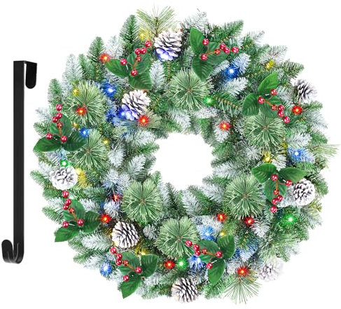 SHareconn Christmas Wreath 60 cm/24 Inch for Door/Wall/Windows, Large Artificial Christmas Wreath with 15 Hanger, Mul-Color Lights, Pine Cones and Red Berries for Xmas Decorations