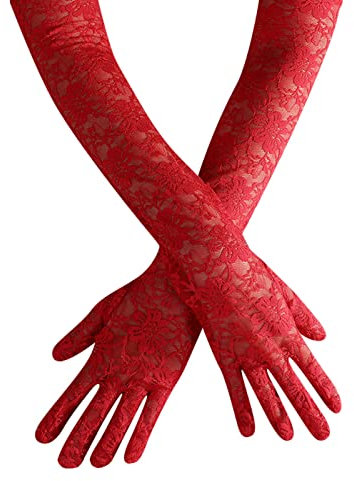Suxgumoe UV Schutz Lange Spitzenhandschuhe Damen Lange Hochzeitshandschuhe Vintage Elegante Ellbogenlänge Damenhandschuhe für Opern Teeparty (rot)
