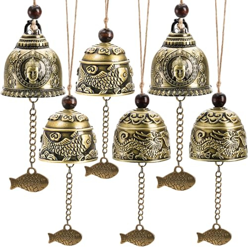Peohud 6 Stück Fengshui Glocke,Vintage Windglocke, Glücksbringer Windspiel, Glücksdrache Fisch Buddha Hängende Glocke für Haus Garten Terrasse Auto Türklingel oder Dekoration