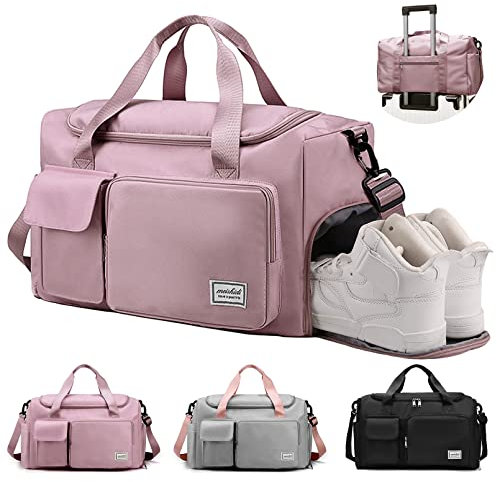 RainFlowwer Gym Bag Women Men, Sports Duffel Bag with Shoes Compartment, Waterproof Travel Duffle Bag with Dry Wet Separated Pocket, Overnight Carry Luggage Bag Weekender, Sports, Gym, Travel(Pink)