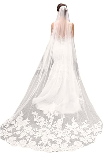 Ivory Lace Edge Bridal Veil with Comb, 118 Inches Length Tulle, Embroidery Lace Edge Layer Wedding Veil, Hair Accessories