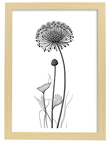 Nacnic Nadelkissen Poster im nordischen Stil. Botanik Illustrationen mit Blumen und Pflanzen in Schwarz und Weiß. Innenarchitektur und Dekoration. A3 Holzrahmen.