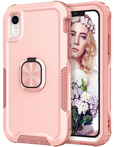 iPhone XR Case Shockproof iPhone XR Phone Case with Ring Military Grade Full Protective TPU Bumper Hard PC Back Cover Built-in Magnetic Kickstand Car Mount, Pink