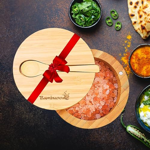 Bambuood Salero de bambú premium con tapa magnética giratoria, 100% hecho a mano, elegante caja de almacenamiento de sal y especias y recipiente multiusos con mini cuchara