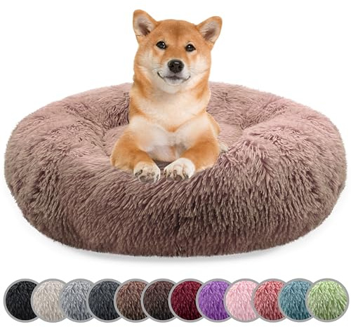 bluzelle Hundebett für Mittelgroße Hunde, 80cm Hundekissen Rund Donut Kissen Hundekorb Flauschig Plüsch, Ergonomisch Bezug Waschbar rutschfest Weich Kunstfell, Farbe:Khaki