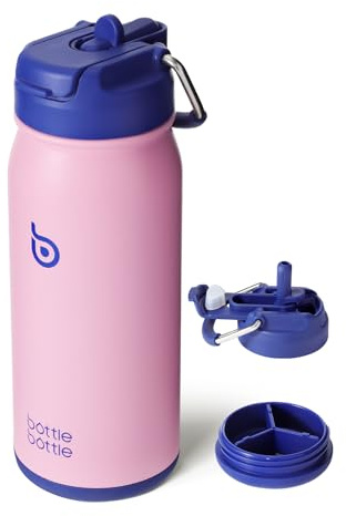 BOTTLE BOTTLE Trinkflasche Edelstahl 16oz(473ml) mit Strohhalm und Pillenfach für Kinder -BPA frei- Wasserflasche mit Strohhalm für Uni, Schule, Sport (Pink)