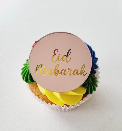 6 Eid Mubarak Cupcake Discs, Toppers, Gold, Silver, Rose Gold, Cake Toppers, Decorations, Disc, Gift Tags, Hamper Tags, Gift Wrapping, Charms, Presents. (Rose Gold)
