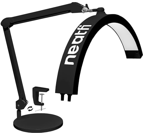 Neatfi Lámpara de mesa con brazo oscilante de media luna, iluminación LED para esteticistas, 2500 lúmenes, 5 modos de luz, ideal para decoración de uñas (CCT con Base y Abrazadera, Negro)