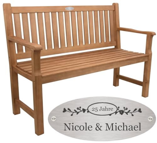 Sterngraf Bank zur Silberhochzeit mit Gravur-Schild zB. Ranke Wunsch-Zahl (Namen/Datum), Gartenbank 120cm Holz Armlehnen-Bank, Edelstahlschild personalisiert Geschenk-Idee 25. Ehe-Jubiläum