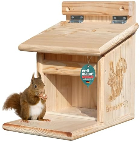 Erdtmanns Eichhörnchen Futterhaus aus Lärchenholz wetterfest | Wetterfester Futterspender Eichörnchen mit geschützter Regenklappe für sauberes und trockenes Futter