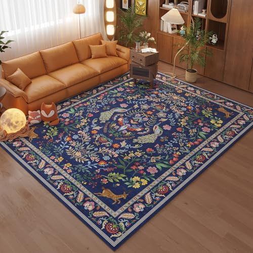 Rugcomf Living Room Rug 5x7 Rug Machine Washable Area Rug Floral Non-Slip Low Pile Large Rugs for Living Room, Bedroom, Farmhouse, Dining Room, Kids Playroom(Blue)