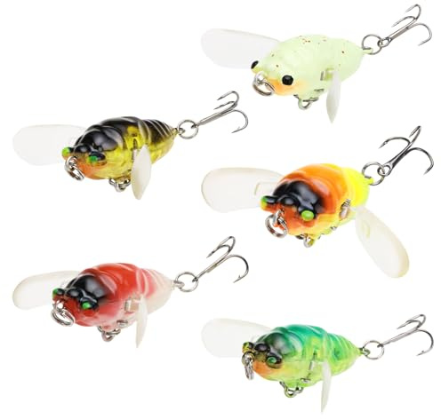 YINETTECH Angelköder, Haken, Zikadenform, Angelköder, 6 g/5 cm, Süßwasser-Kurbelköder, künstliche Zikadenköder für Topwater Angeln, 5 Stück
