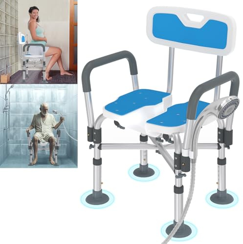 LARS360 Silla de Ducha para Personas Mayores, Taburete Ajustable en Altura con Corte Higiénico, Respaldo y Reposabrazos, Silla Antideslizante, Capacidad Máxima 200kg