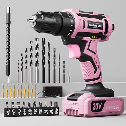 VIWKO - Juego de brocas inalámbricas de 20 V para mujer, destornillador eléctrico ligero con paquete de energía y cargador, portabrocas sin llave de 3/8 pulgadas, kit de herramientas para mujer para