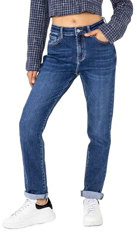 Nina Carter YY305 Jean taille haute pour femme Coupe droite Denim Aspect usé