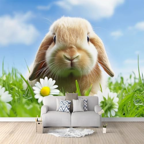Coniglio Dalle Orecchie Cadenti Dell'Animale Del Fiore Carta da Parati Fotografica Verde Blu Design per Pareti Camera - Fotomurale Tessuto Non Tessuto Colla Non Inclusa 200x140 cm