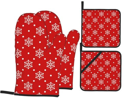 Ofenhandschuhe und Topflappen-Sets mit roten Schneeflocken, hitzebeständig, Küchen-Backhandschuhe, rutschfeste Oberfläche zum Kochen, Backen, Grillen, Grillen