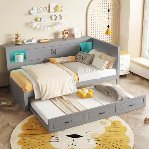 KAZZIO Schlafsofa, Daybett, Tagesbett, Ferngesteuerte Ambientebeleuchtung, Bettseitiges Staufach, Ausziehbares Bett, Steckdose+USB, Ohne Matratze (Grau, 90x200cm)