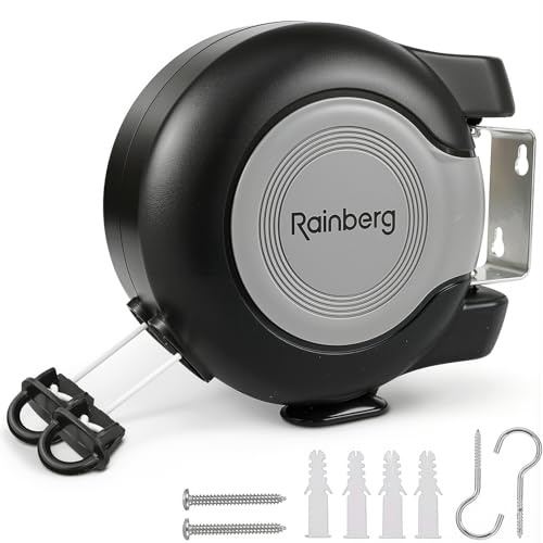 Rainberg 2x15m Double Retractable Washing Line | Strong and Durable Holds up to 30KG | Extendable Clothes Line Automatic Retraction Wall-Mounted | Space-Saving, PVC-Coated, Indoor & Outdoor Use, Black