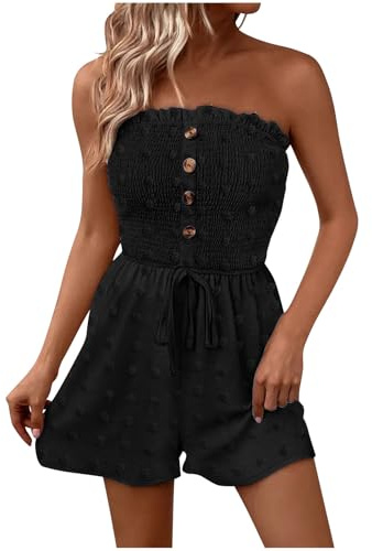 Bandeau Jumpsuit For Women Casual Jumpsuit Wide Leg Trousers Polka Dot Print Overalls Strapless Harem Pants Button Down Romper With Belt All In One Playsuits Stretchy With Pocket