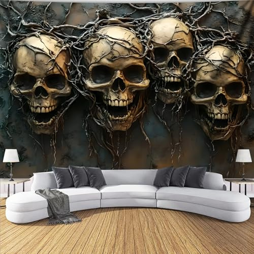 Arsey Gothic Wandteppich Totenkopf Design Schädel mit Ranken Wandteppiche wandtuch für Halloween und Goth Stil deko wandtücher, schwarz, groß 300 x 180cm
