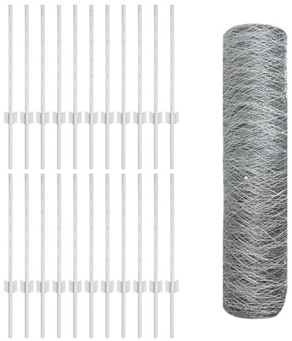 vidaXL Galvanised Steel Hexagonal Garden Fence Set, UV-Resistant Fence Includes 1 Grey Roll and 11 Mounting Posts, Durable Industrial Design for Outdoor Border