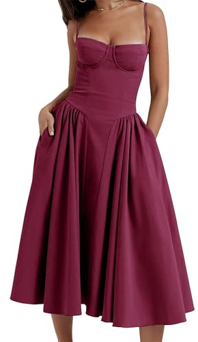 EFOFEI Signora Abito Colore Solido Stampa Bustier Abito A Linea con Tasche Elegante Bustier Midi Rosso Scuro M