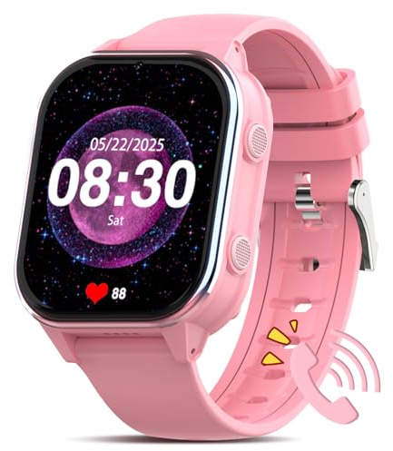 PTHTECHUS Uhr Kinder 4G, Armbanduhr mit Videoanruf, WiFi/GPS Tracker/Bluetooth Musik Schulmodus SOS Wecker, 900 MAh Lange Standby-Zeit, Kinder Smart Uhr für ab 5 Jahren, Zartes Rosa