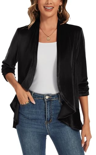 Kyzoeyou Cardigan in velluto sciolto da donna bolero 3/4 maniche bolero orologio bolero aperto anteriore cardigan top scollo a v blazer elegante, B-nero, L