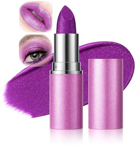 Purple Lipstick Shimmer Metallic Gloss - Long Lasting Moisturizing Hydrating Smooth Creamy Lip Color Stick Glitter Makeup Cosmetic for Women Beauty (#05 Bold Glittery Purple)