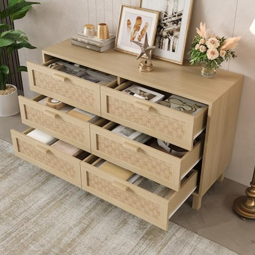 Sideboard mit 6 Schubladen, Kommode aus Naturholz, Schrank mit viel Stauraum, Beistellschrank in Rattanoptik, Aufbewahrungsschrank für Schlafzimmer, Wohnzimmer, Flur, Esszimmer(120 L x 75 B x 40H)