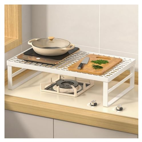 tapa encimera gas Tapa calada para placa de cocción Negro Blanco, Soporte metálico para encimera con travesaño, Soporte de acero al carbono para placa de inducción(White,43x27x10cm/16.9x10.6x3.7in)