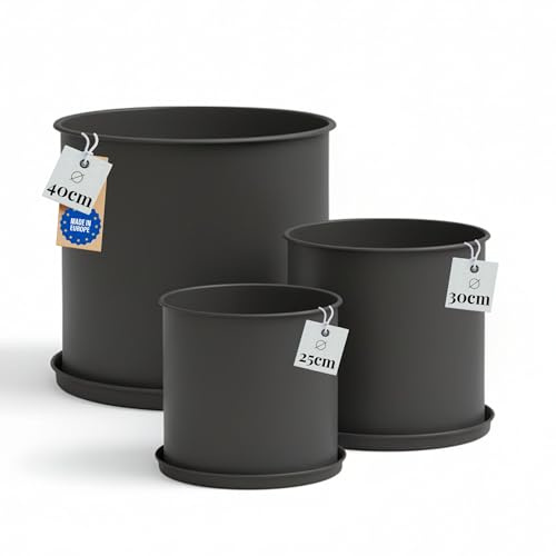 LIVLIG Växtkrukor, set om 3 med underlägg – galvaniserade metallkrukor – Ø 25 cm, Ø 31 cm och Ø 40 cm – perfekt för inomhus- och utomhusbruk, antracit