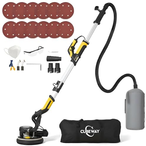 Drywall Sander, 750W 6.5A Wall Sanders with Vacuum Dust Collection, 7 Variable Speed, LED Light, with 12pcs Sanding Discs, Foldable Extendable Electric Sander for Walls Popcorn Ceiling